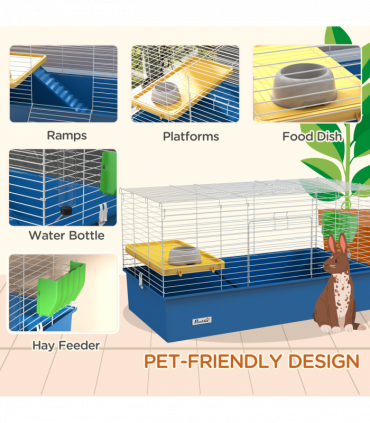 PawHut Small Animal Cage, Rabbit Guinea Pig Hutch, Pet Playhouse, Blue