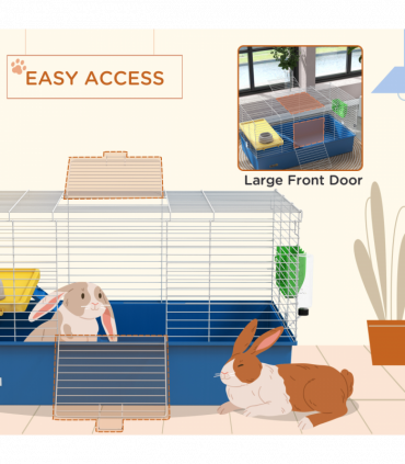 PawHut Small Animal Cage, Rabbit Guinea Pig Hutch, Pet Playhouse, Blue