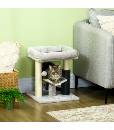 PawHut Small Cat Tree Tower with Scratching Posts, Bed, Perch, Self Groomer, Toy