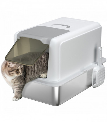 PawHut Stainless Steel Cat Litter Box with Removable Lid & Scoop, White