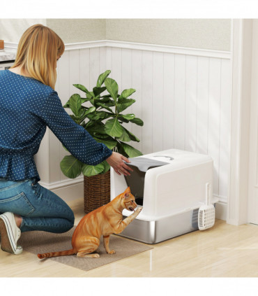 PawHut Stainless Steel Cat Litter Box with Removable Lid & Scoop, White