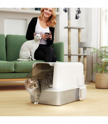 PawHut Stainless Steel Cat Litter Box with Removable Lid & Scoop, White