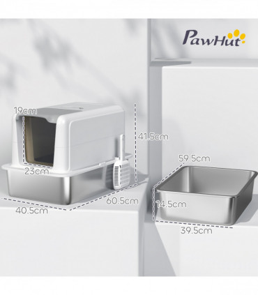 PawHut Stainless Steel Cat Litter Box with Removable Lid & Scoop, White