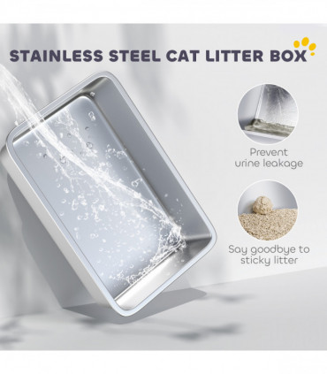 PawHut Stainless Steel Cat Litter Box with Removable Lid & Scoop, White
