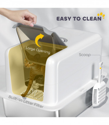 PawHut Stainless Steel Cat Litter Box with Removable Lid & Scoop, White