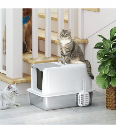 PawHut Stainless Steel Cat Litter Box with Removable Lid & Scoop, White