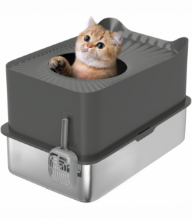 PawHut Stainless Steel Cat Litter Box, Enclosed Metal Litter Tray, Dark Grey