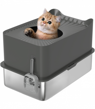 PawHut Stainless Steel Cat Litter Box, Enclosed Metal Litter Tray, Dark Grey