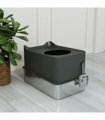 PawHut Stainless Steel Cat Litter Box, Enclosed Metal Litter Tray, Dark Grey