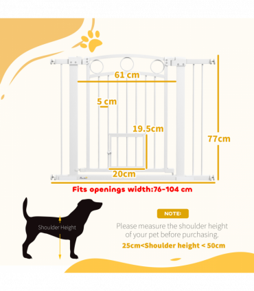 PawHut Stair Gate with Cat Door, Adjustable Width 76-104cm & 77cm Tall