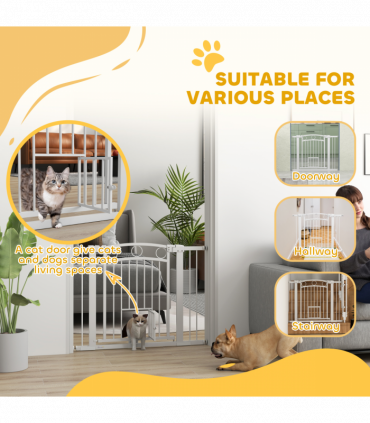 PawHut Stair Gate with Cat Door, Adjustable Width 76-104cm & 77cm Tall
