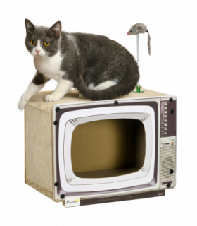 PawHut TV-Shaped Cardboard Cat House with Scratcher, Catnip, Toy Rat