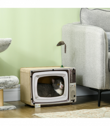 PawHut TV-Shaped Cardboard Cat House with Scratcher, Catnip, Toy Rat