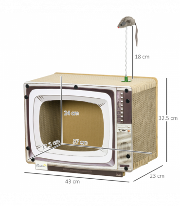 PawHut TV-Shaped Cardboard Cat House with Scratcher, Catnip, Toy Rat