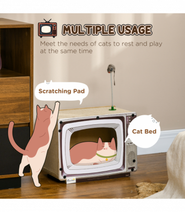 PawHut TV-Shaped Cardboard Cat House with Scratcher, Catnip, Toy Rat