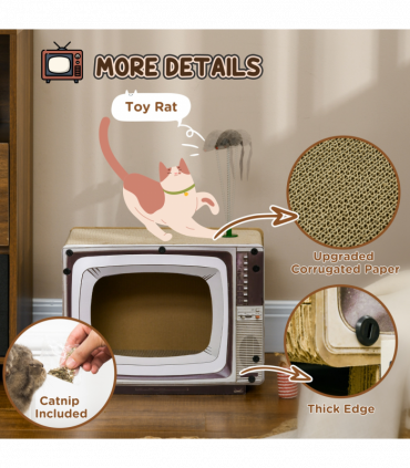 PawHut TV-Shaped Cardboard Cat House with Scratcher, Catnip, Toy Rat