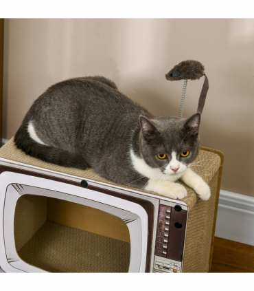 PawHut TV-Shaped Cardboard Cat House with Scratcher, Catnip, Toy Rat