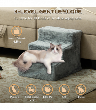 PawHut Three-Step Portable Dog Stairs with Washable Plush Cover, for Small Pets