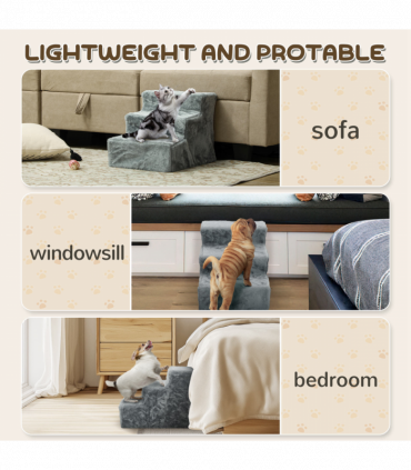 PawHut Three-Step Portable Dog Stairs with Washable Plush Cover, for Small Pets