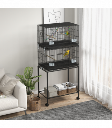 PawHut Two-Tier Bird Cage on Wheels with Stand, for Canaries