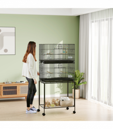 PawHut Two-Tier Bird Cage on Wheels with Stand, for Canaries