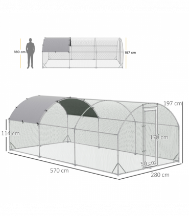 PawHut Walk-In Chicken Run Galvanised Chicken Coop with Cover 2.8 x 1.9 x 2m