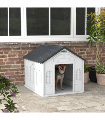 PawHut Weather-Resistant Dog House, Puppy Shelter for Large Dogs - Grey