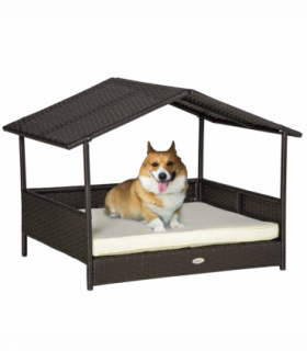 PawHut Wicker Dog House, Rattan Pet Bed with Soft Cushion, Cat Basket - Cream
