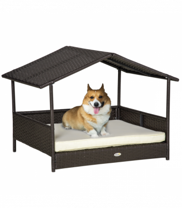 PawHut Wicker Dog House, Rattan Pet Bed with Soft Cushion, Cat Basket - Cream