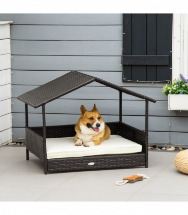 PawHut Wicker Dog House, Rattan Pet Bed with Soft Cushion, Cat Basket - Cream