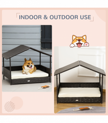 PawHut Wicker Dog House, Rattan Pet Bed with Soft Cushion, Cat Basket - Cream