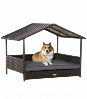 PawHut Wicker Dog House, Rattan Pet Bed with Soft Cushion, Cat Basket - Grey