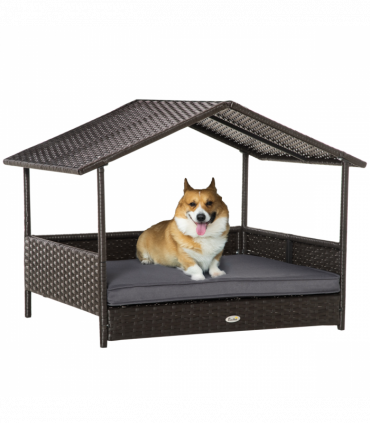 PawHut Wicker Dog House, Rattan Pet Bed with Soft Cushion, Cat Basket - Grey