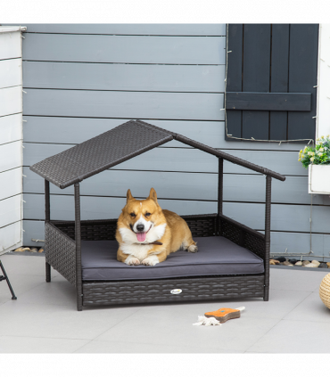 PawHut Wicker Dog House, Rattan Pet Bed with Soft Cushion, Cat Basket - Grey