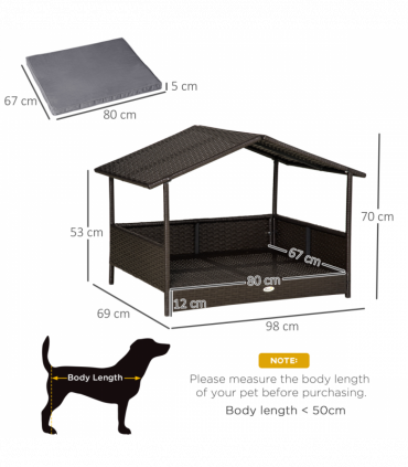 PawHut Wicker Dog House, Rattan Pet Bed with Soft Cushion, Cat Basket - Grey