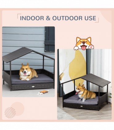 PawHut Wicker Dog House, Rattan Pet Bed with Soft Cushion, Cat Basket - Grey