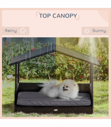 PawHut Wicker Dog House, Rattan Pet Bed with Soft Cushion, Cat Basket - Grey