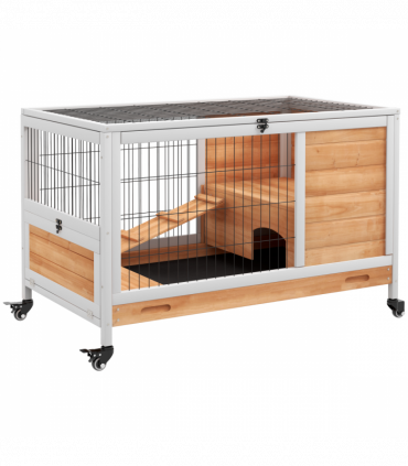PawHut Wood Indoor Rabbit Hutch 2-Floor Design w/ Wheels, Yellow