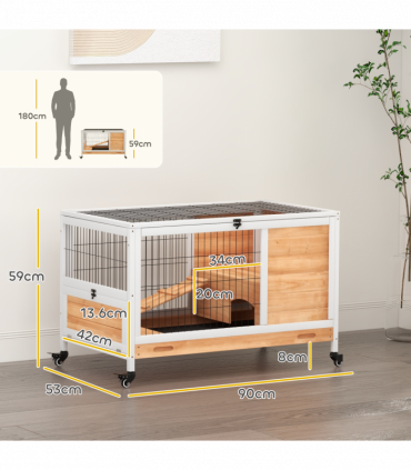 PawHut Wood Indoor Rabbit Hutch 2-Floor Design w/ Wheels, Yellow