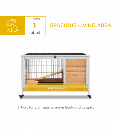 PawHut Wood Indoor Rabbit Hutch 2-Floor Design w/ Wheels, Yellow