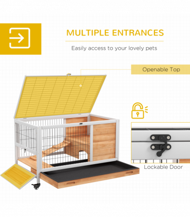 PawHut Wood Indoor Rabbit Hutch 2-Floor Design w/ Wheels, Yellow