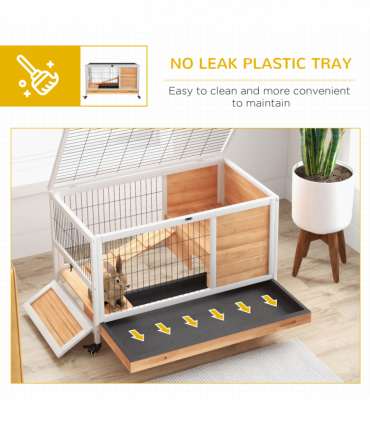 PawHut Wood Indoor Rabbit Hutch 2-Floor Design w/ Wheels, Yellow