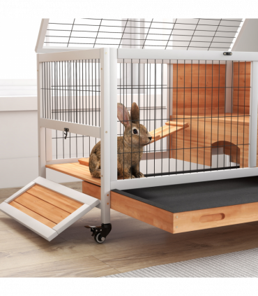 PawHut Wood Indoor Rabbit Hutch 2-Floor Design w/ Wheels, Yellow