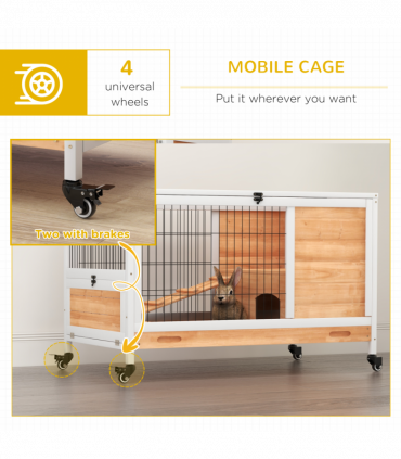 PawHut Wood Indoor Rabbit Hutch 2-Floor Design w/ Wheels, Yellow