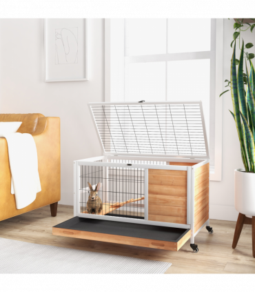 PawHut Wood Indoor Rabbit Hutch 2-Floor Design w/ Wheels, Yellow