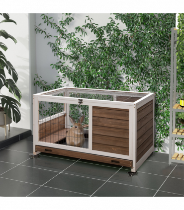 PawHut Wood Indoor Rabbit Hutch Elevated 2-Floor Guineas Pigs Cage w/ Wheels