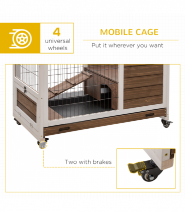 PawHut Wood Indoor Rabbit Hutch Elevated 2-Floor Guineas Pigs Cage w/ Wheels
