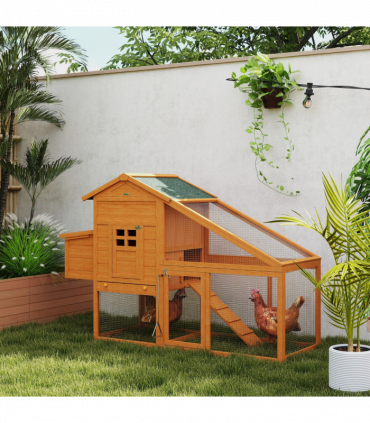 PawHut Wooden Chicken Coop with Run, Nesting Box, Slide-out Tray, Ramp