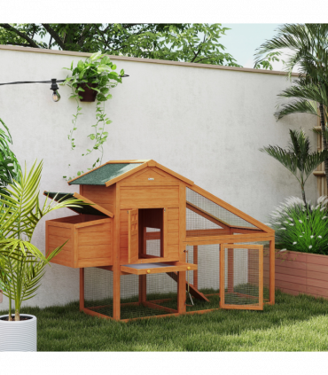 PawHut Wooden Chicken Coop with Run, Nesting Box, Slide-out Tray, Ramp