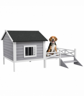 PawHut Wooden Dog House w/ Porch, Water-resistant Roof, for S M Dogs, Grey